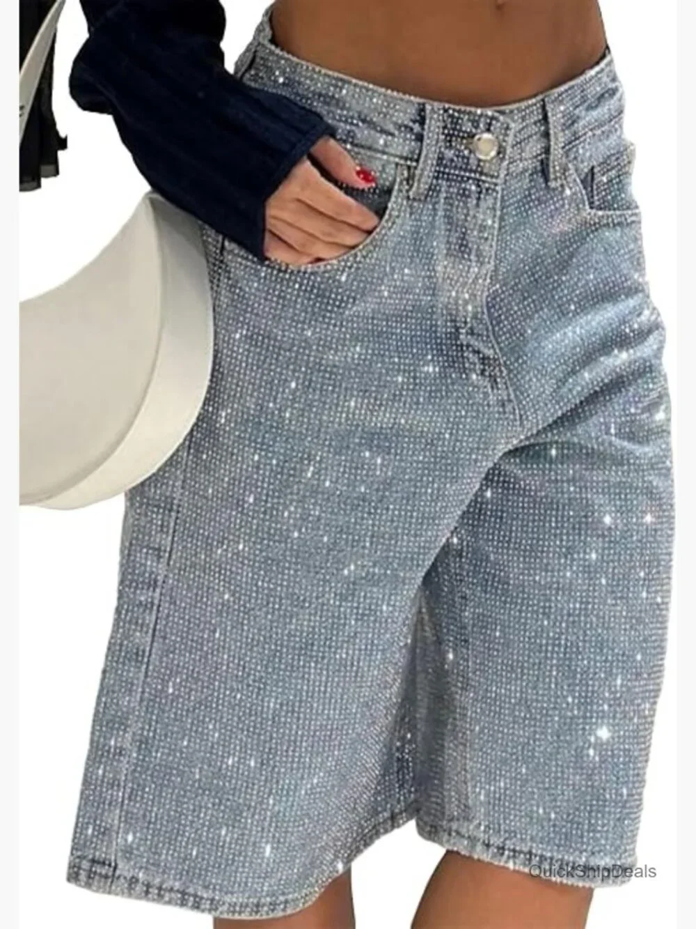 High Waisted Rhinestone Straight Leg Jean Shorts Baggy Denim Jorts